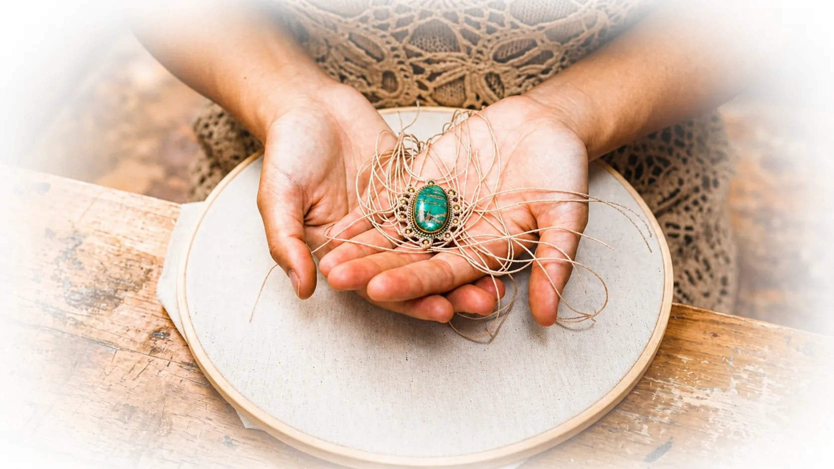 Manos abiertas sosteniendo una piedra verde engarzada en un delicado trabajo de hilo o macramé